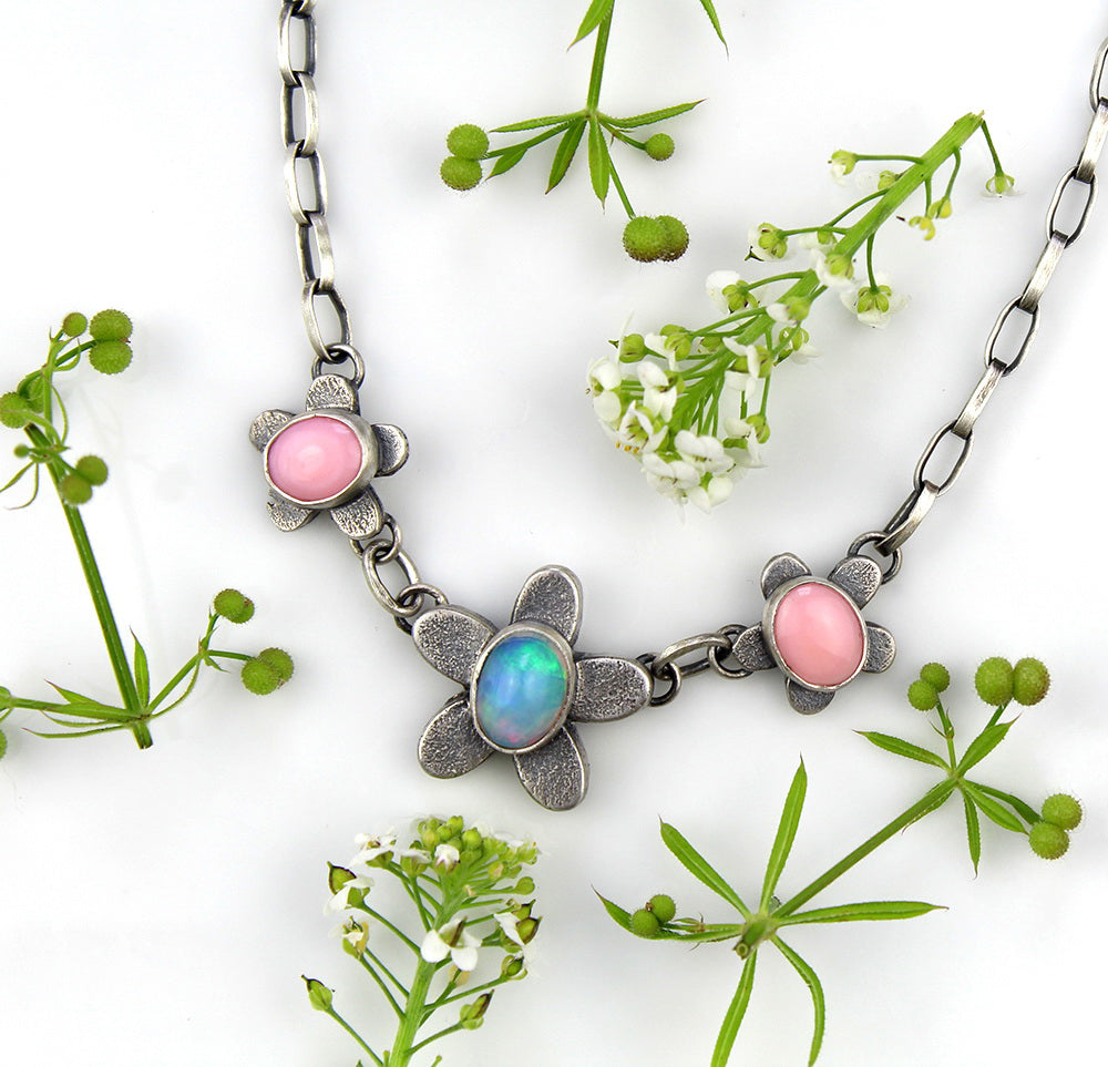 Last Summer Flower - Ethiopian Opal and Pink Conch Sterling Silver Necklace