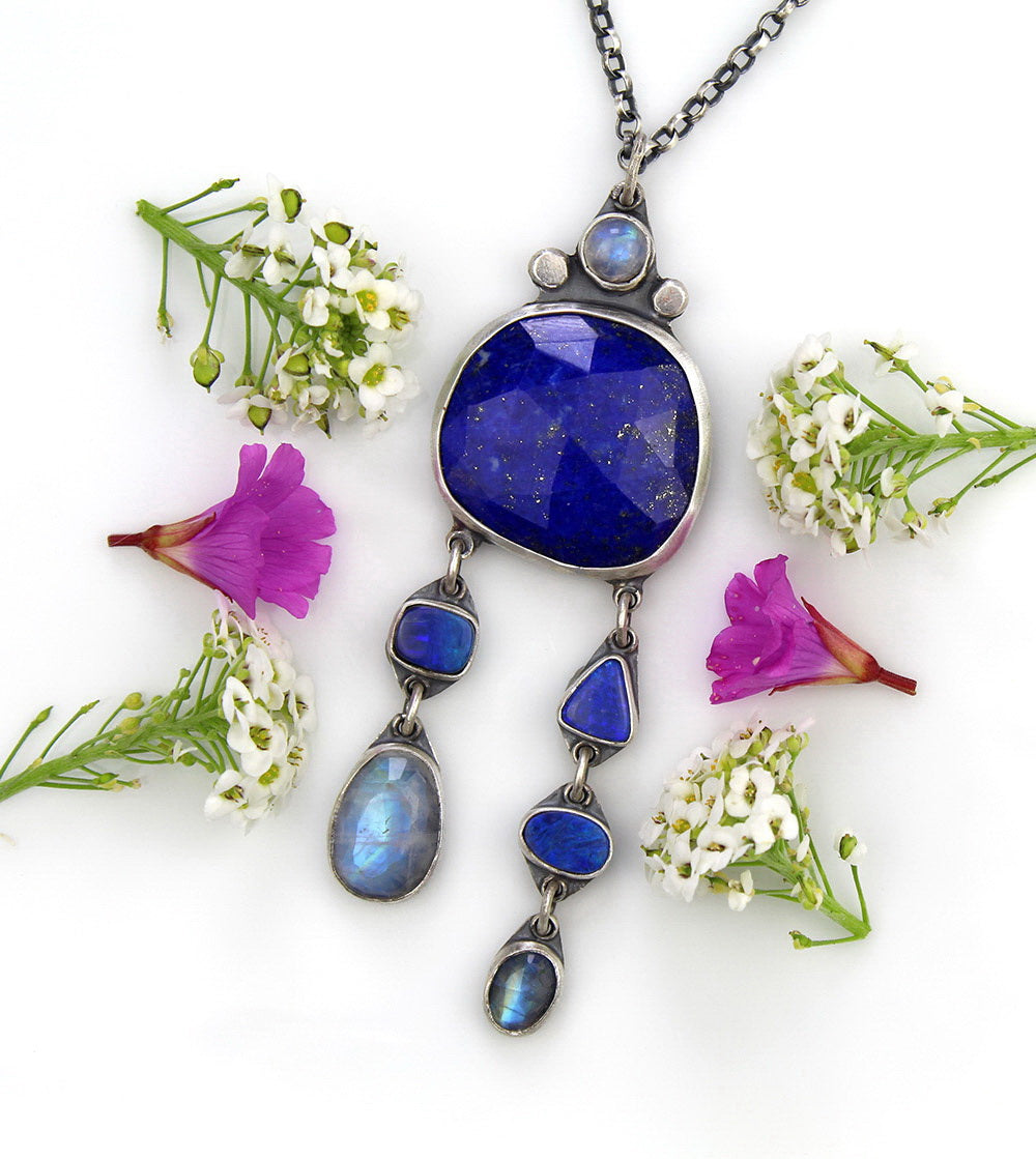 Blue Moon Lake - Lapis, Australian Opal, and Moonstone Sterling Silver Necklace