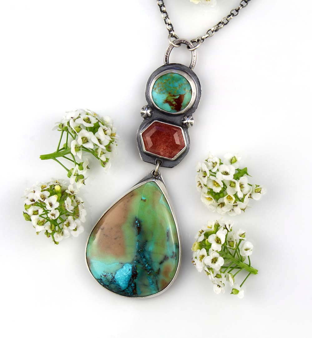 The Parting Seas - Shattuckite, Turquoise, and Strawberry Quartz Sterling Silver Necklace