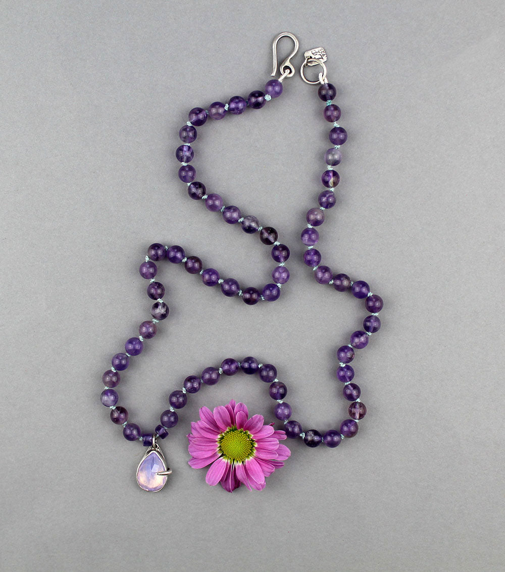 When Magic Arrived - Amethyst and Lavender Quartz Beaded Silk Knotted Necklace
