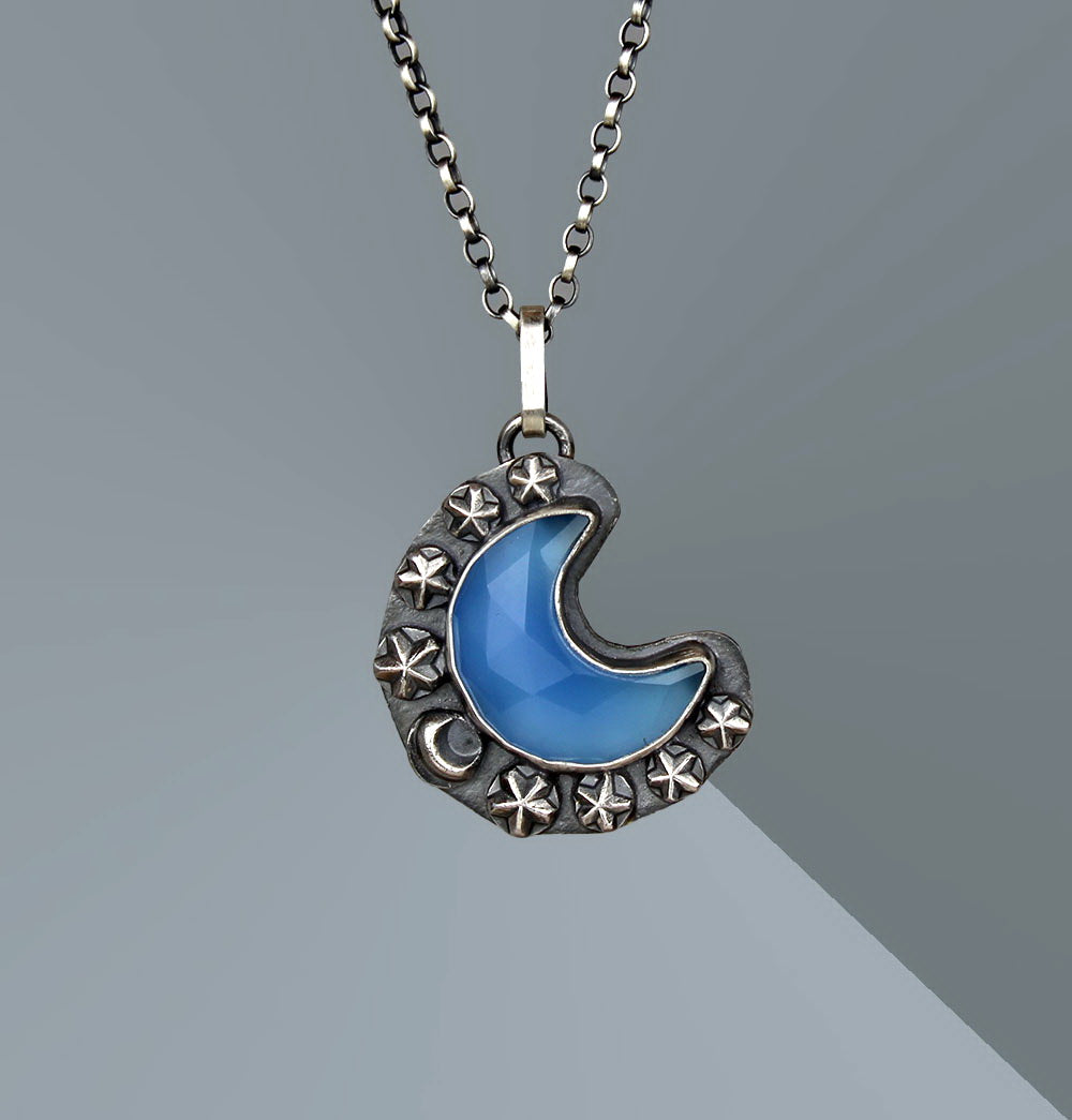 MADE TO ORDER :: Blue Moon Lake - Chalcedony Sterling Silver Moon Necklace