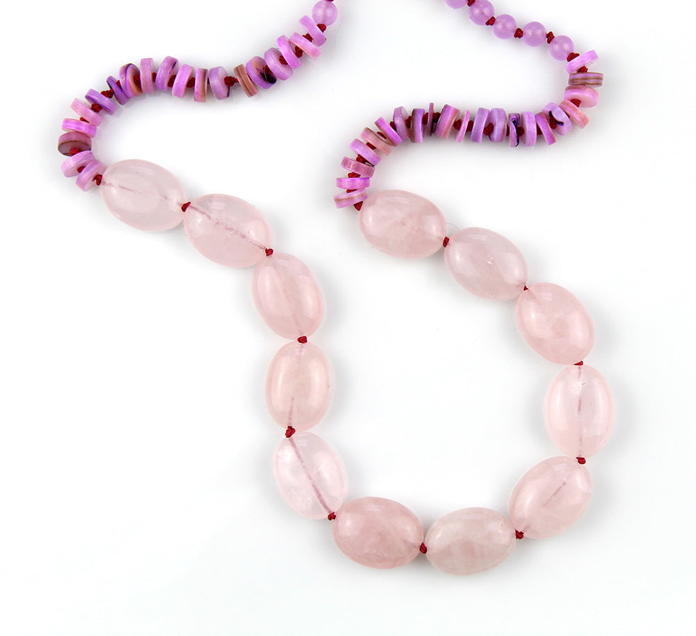 Resting on the Shore - Rose Quartz, Shell Heishi Beaded Silk Knotted Necklace