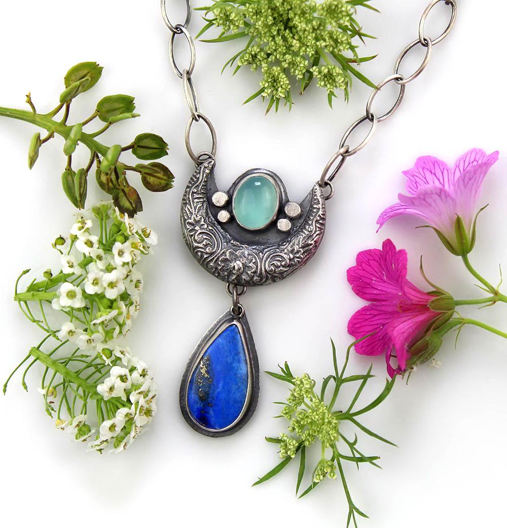 Blue Moon Lake - Lapis and Chalcedony Sterling Silver Moon Necklace