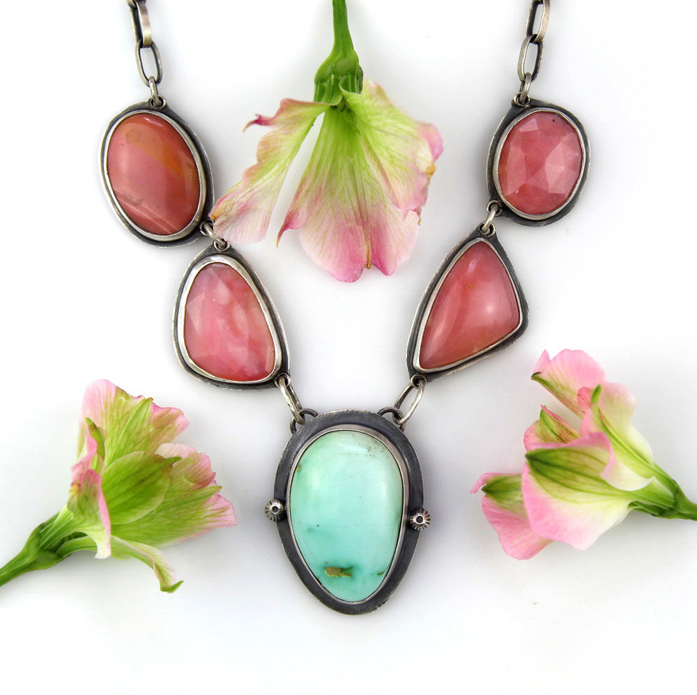 A Softer Heart - Pink Opal and Royston Turquoise Sterling Silver Necklace