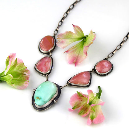 A Softer Heart - Pink Opal and Royston Turquoise Sterling Silver Necklace