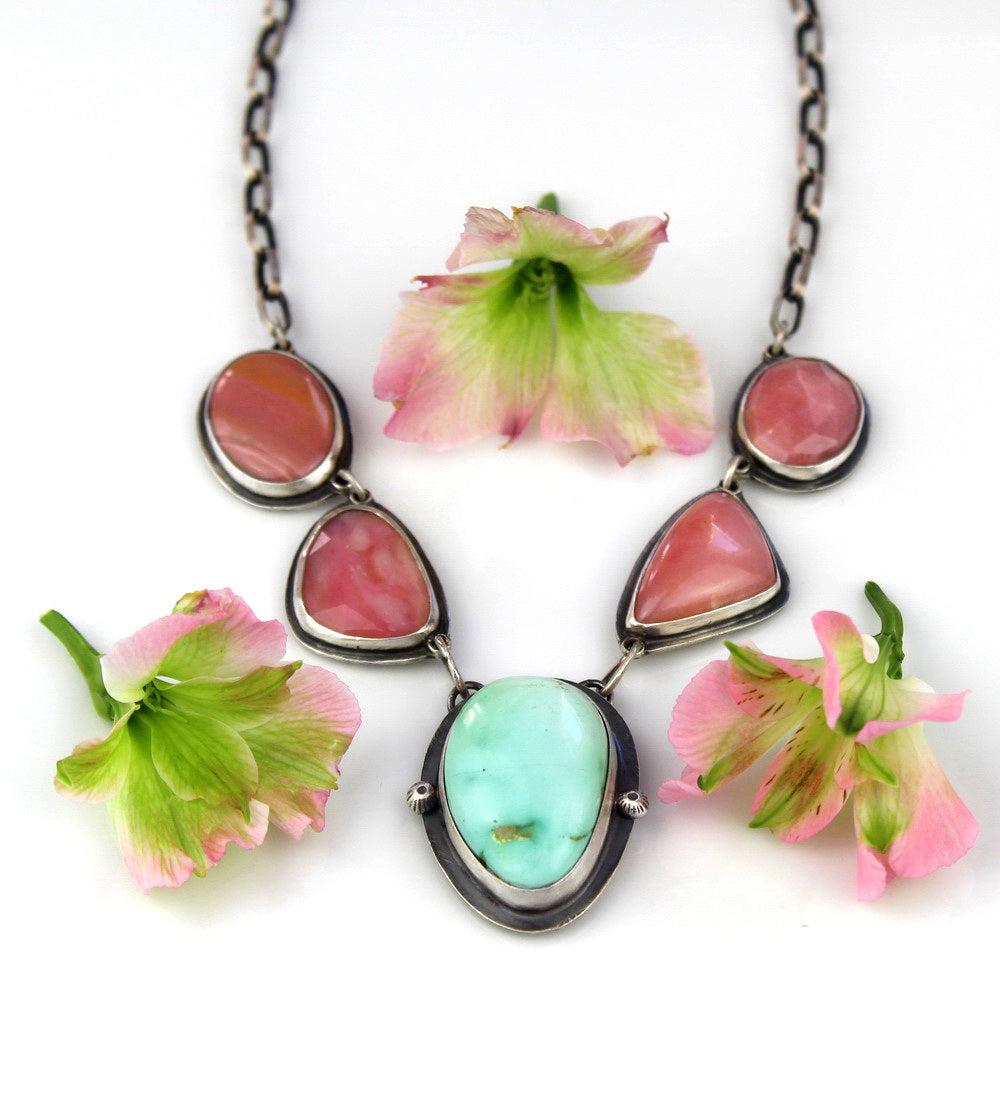 A Softer Heart - Pink Opal and Royston Turquoise Sterling Silver Necklace
