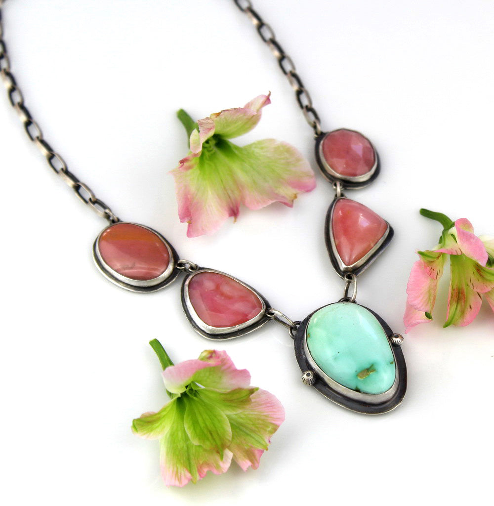 A Softer Heart - Pink Opal and Royston Turquoise Sterling Silver Necklace