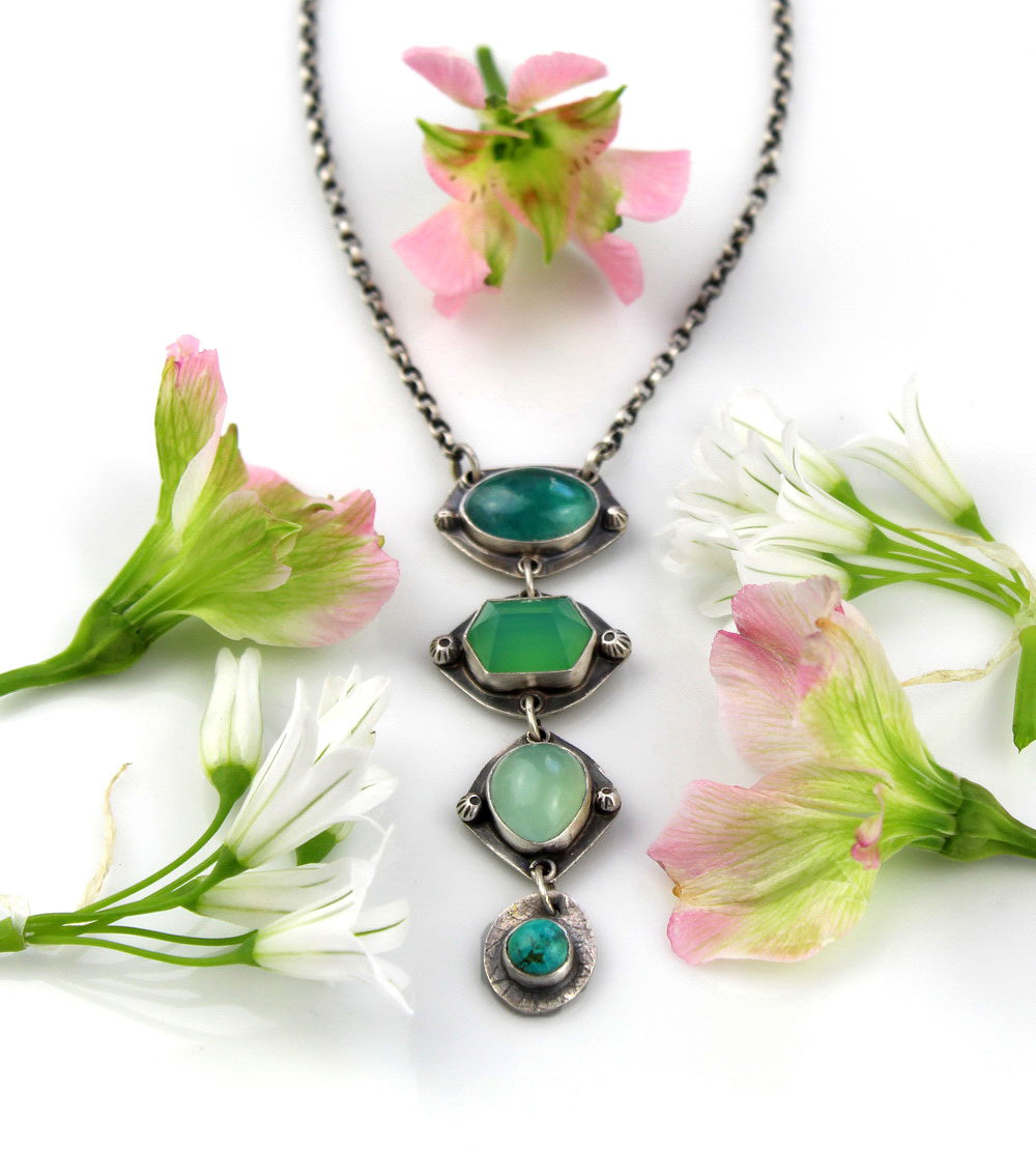 Pool of Positivity - Kyanite, Chrysoprase, Chalcedony, and Turquoise Sterling Silver Necklace