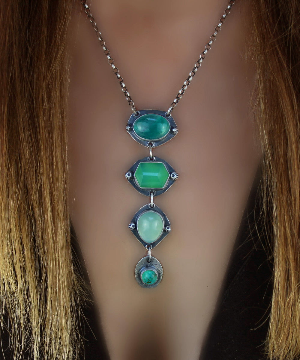 Pool of Positivity - Kyanite, Chrysoprase, Chalcedony, and Turquoise Sterling Silver Necklace