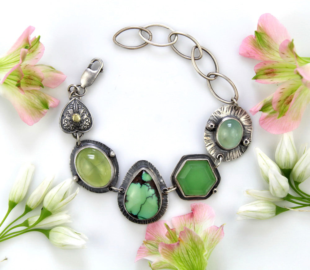 Beyond the Heavens - Turquoise, Prehnite, and Chalcedony Sterling Silver Bracelet