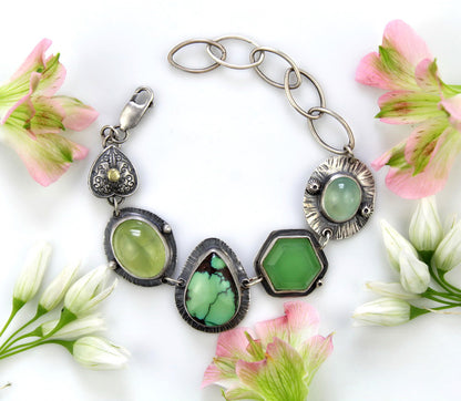 Beyond the Heavens - Turquoise, Prehnite, and Chalcedony Sterling Silver Bracelet