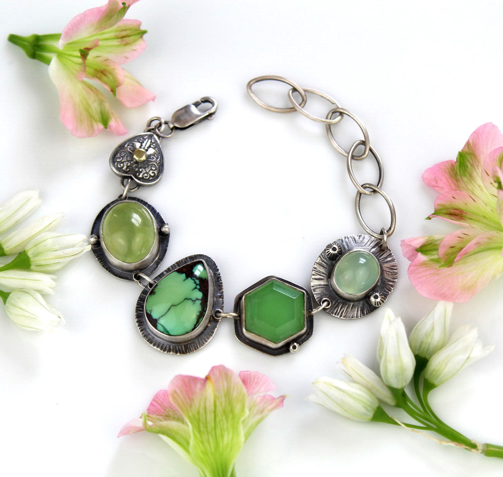 Beyond the Heavens - Turquoise, Prehnite, and Chalcedony Sterling Silver Bracelet