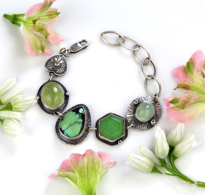 Beyond the Heavens - Turquoise, Prehnite, and Chalcedony Sterling Silver Bracelet