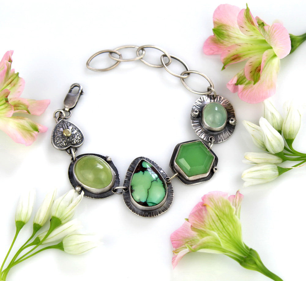 Beyond the Heavens - Turquoise, Prehnite, and Chalcedony Sterling Silver Bracelet