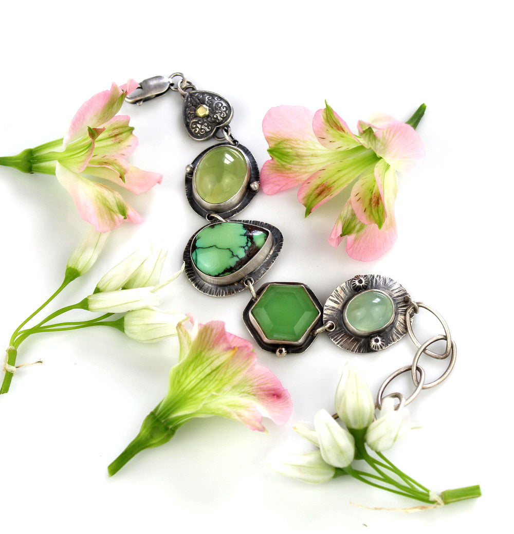 Beyond the Heavens - Turquoise, Prehnite, and Chalcedony Sterling Silver Bracelet