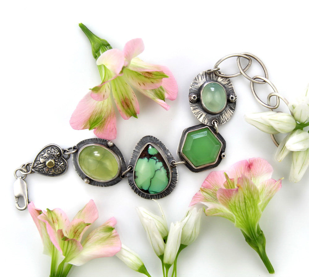 Beyond the Heavens - Turquoise, Prehnite, and Chalcedony Sterling Silver Bracelet