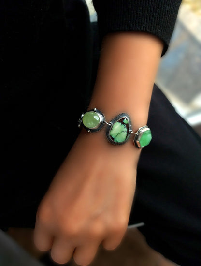 Beyond the Heavens - Turquoise, Prehnite, and Chalcedony Sterling Silver Bracelet