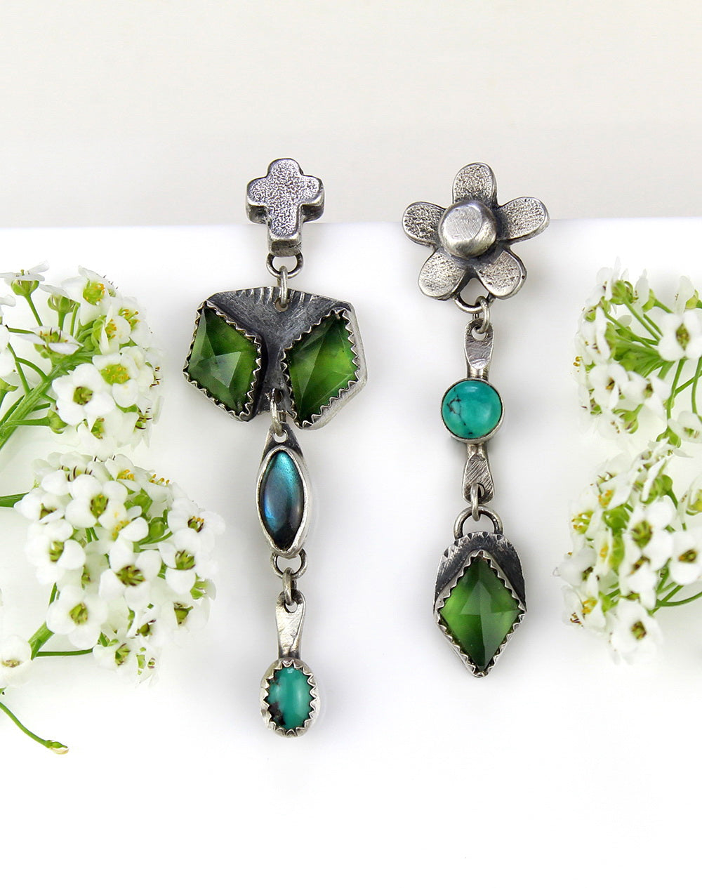 The Life Within - Turquoise, Labradorite, and Serpentine Sterling Silver Earrings
