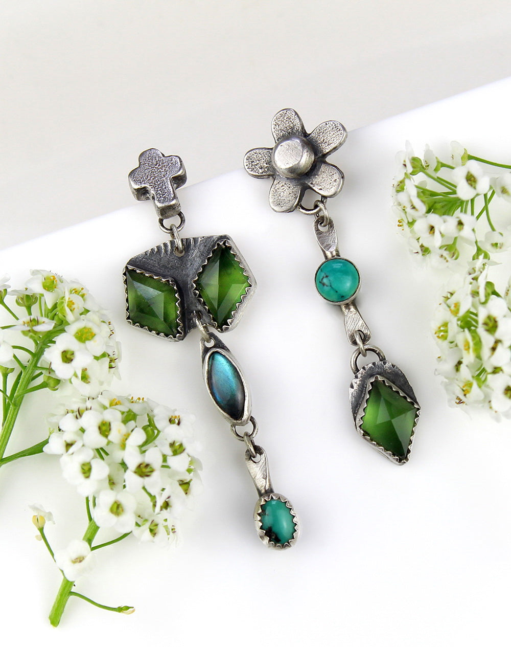 The Life Within - Turquoise, Labradorite, and Serpentine Sterling Silver Earrings