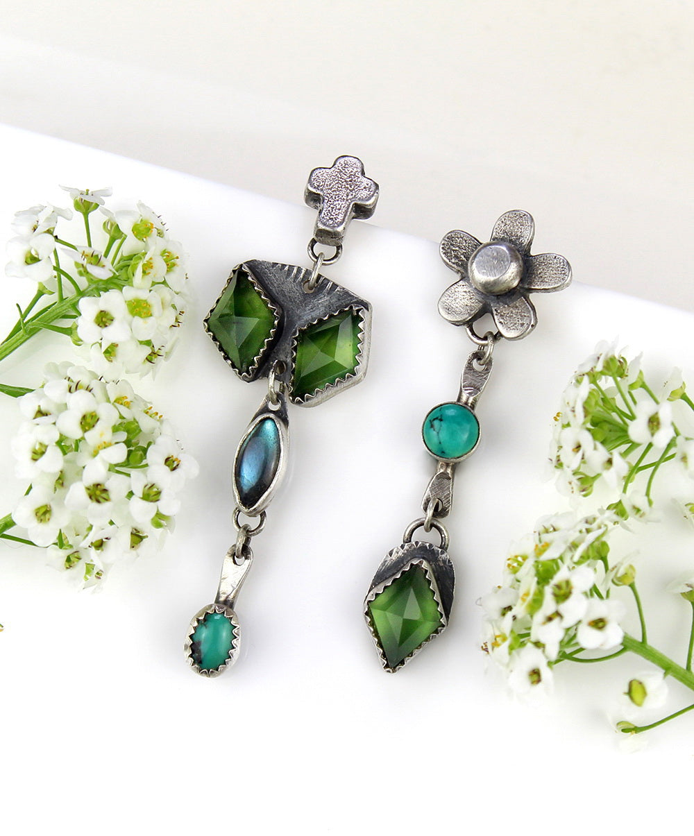 The Life Within - Turquoise, Labradorite, and Serpentine Sterling Silver Earrings