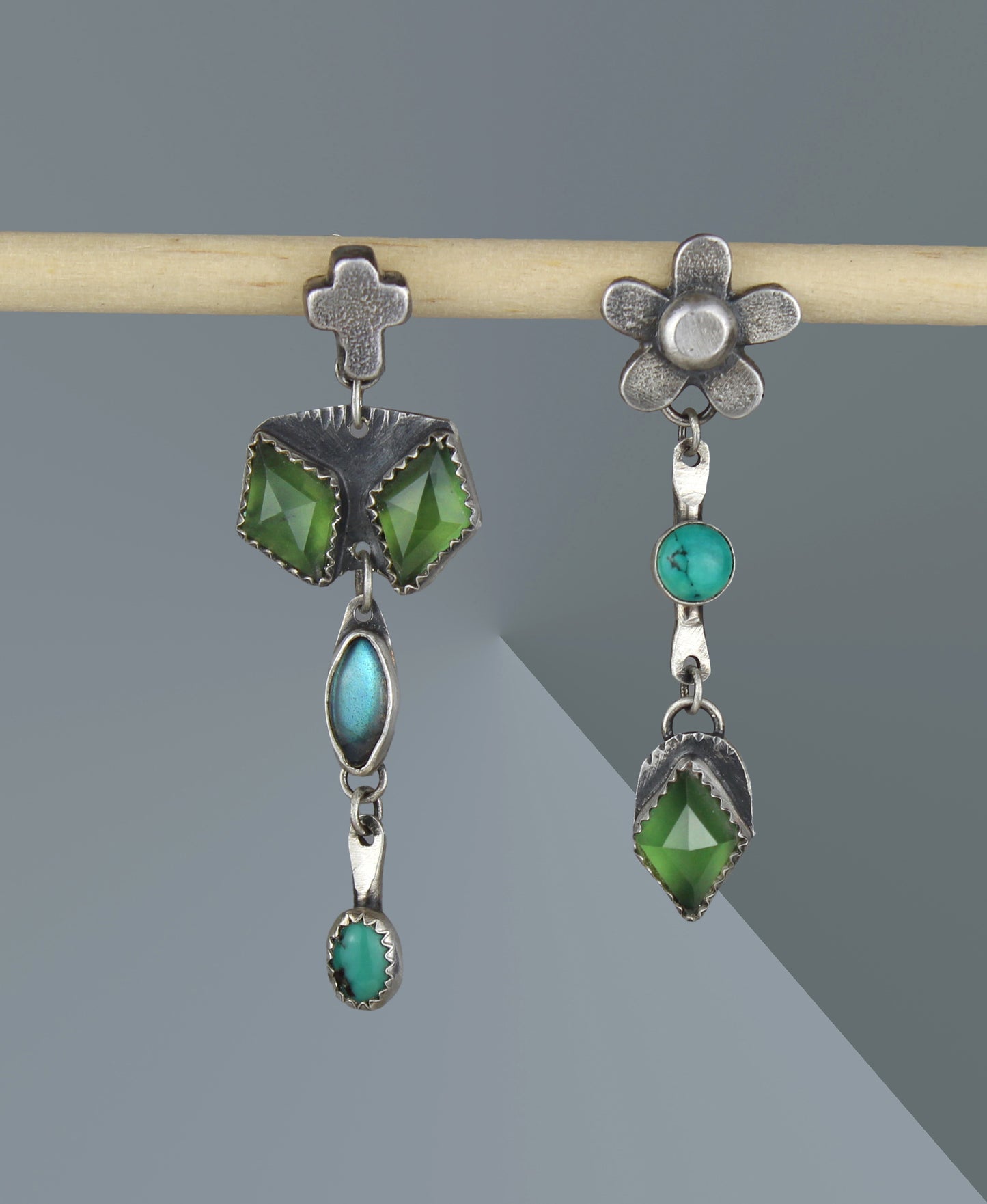 The Life Within - Turquoise, Labradorite, and Serpentine Sterling Silver Earrings