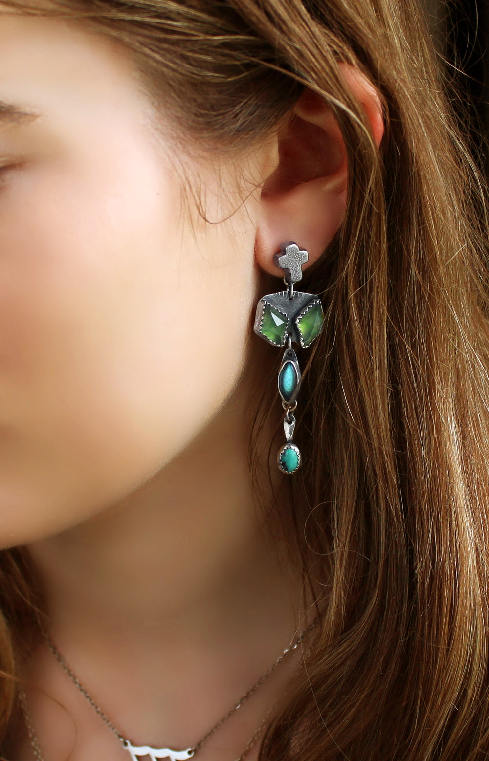 The Life Within - Turquoise, Labradorite, and Serpentine Sterling Silver Earrings