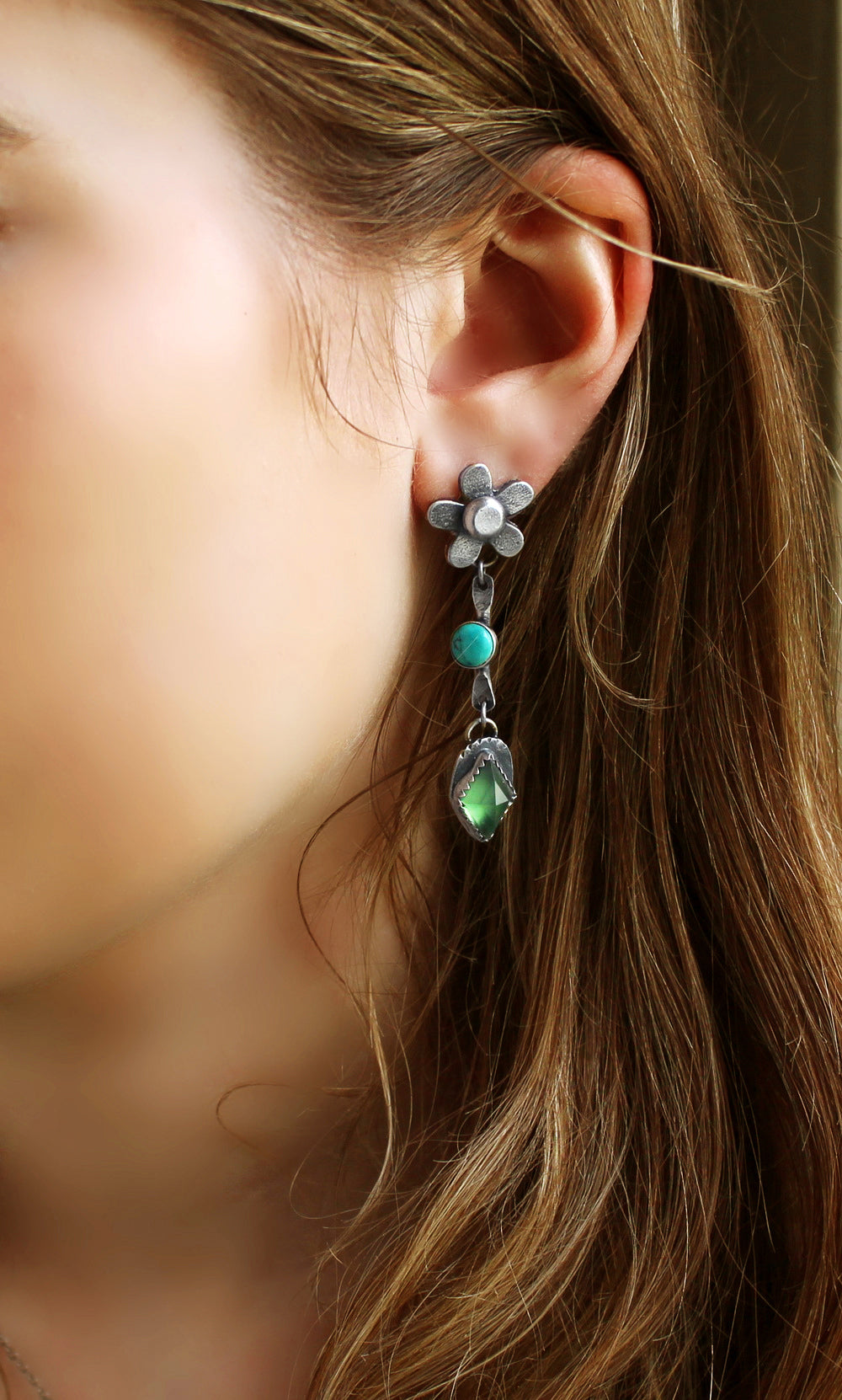 The Life Within - Turquoise, Labradorite, and Serpentine Sterling Silver Earrings
