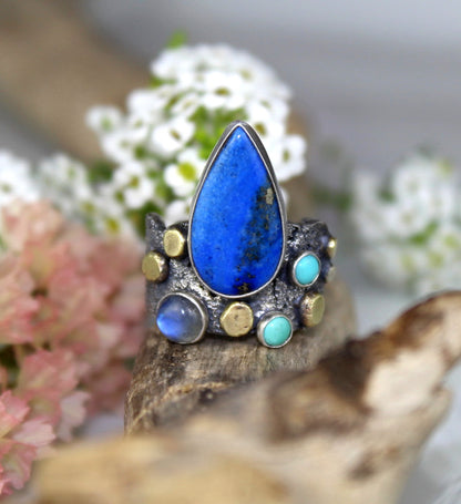 The Light of a Galaxy - Lapis, Moonstone, and Turquoise Sterling Silver Ring