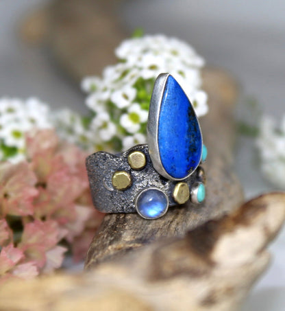 The Light of a Galaxy - Lapis, Moonstone, and Turquoise Sterling Silver Ring