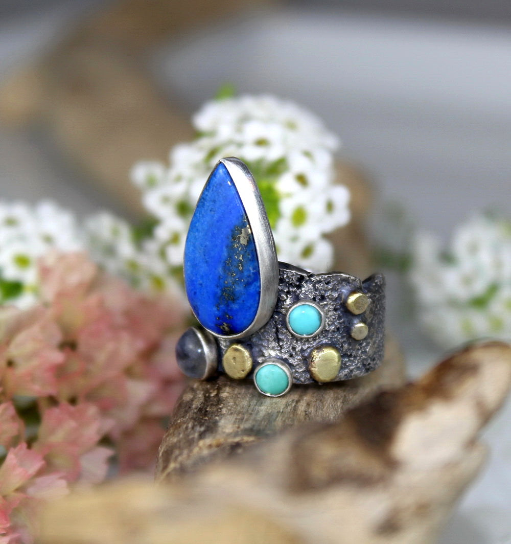 The Light of a Galaxy - Lapis, Moonstone, and Turquoise Sterling Silver Ring