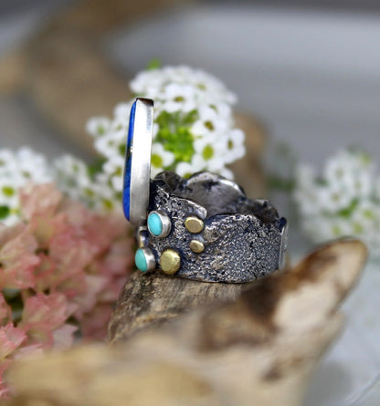 The Light of a Galaxy - Lapis, Moonstone, and Turquoise Sterling Silver Ring
