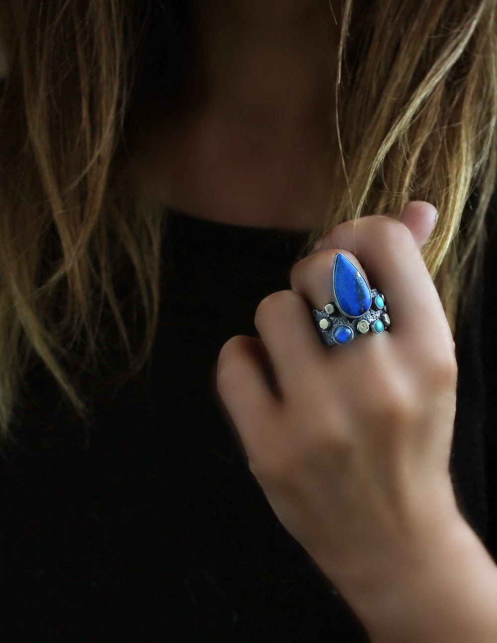 The Light of a Galaxy - Lapis, Moonstone, and Turquoise Sterling Silver Ring