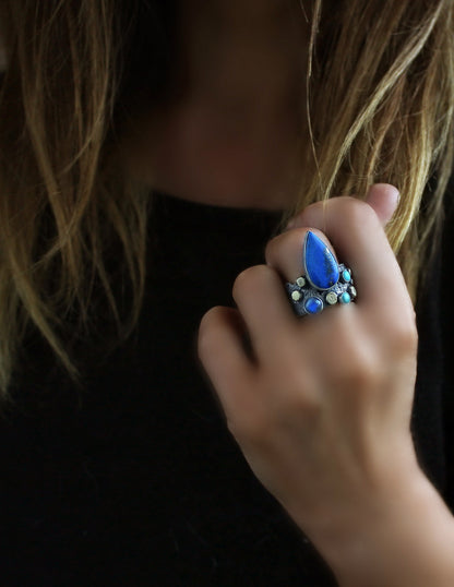 The Light of a Galaxy - Lapis, Moonstone, and Turquoise Sterling Silver Ring