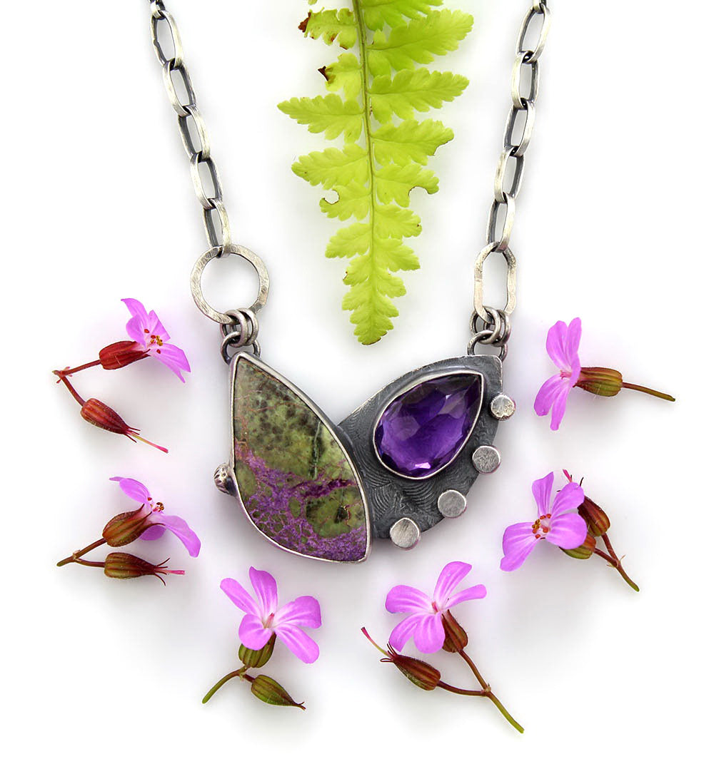 The Petals of Spring - Stichtite and Amethyst Sterling Silver Necklace