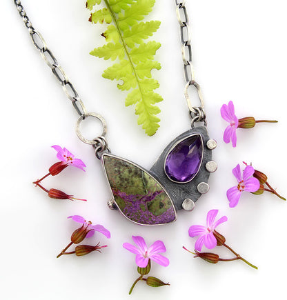 The Petals of Spring - Stichtite and Amethyst Sterling Silver Necklace