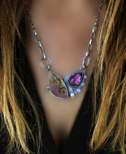 The Petals of Spring - Stichtite and Amethyst Sterling Silver Necklace