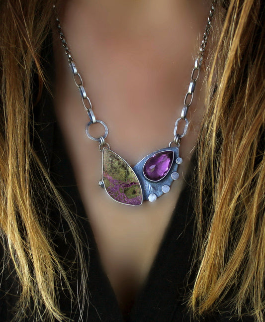 The Petals of Spring - Stichtite and Amethyst Sterling Silver Necklace