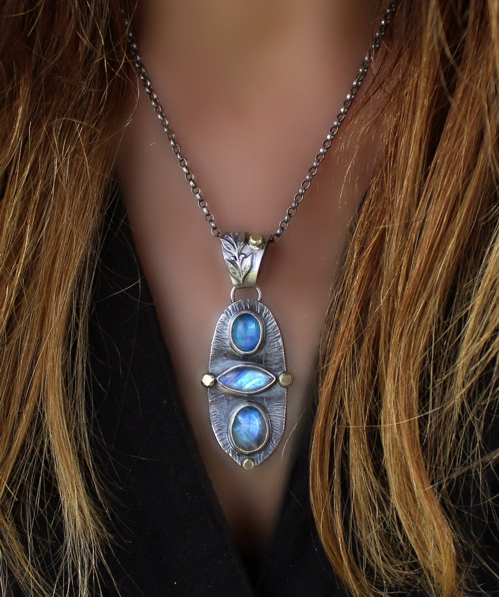 The Light of a Galaxy - Moonstone and Ethiopian Opal Sterling Silver Necklace