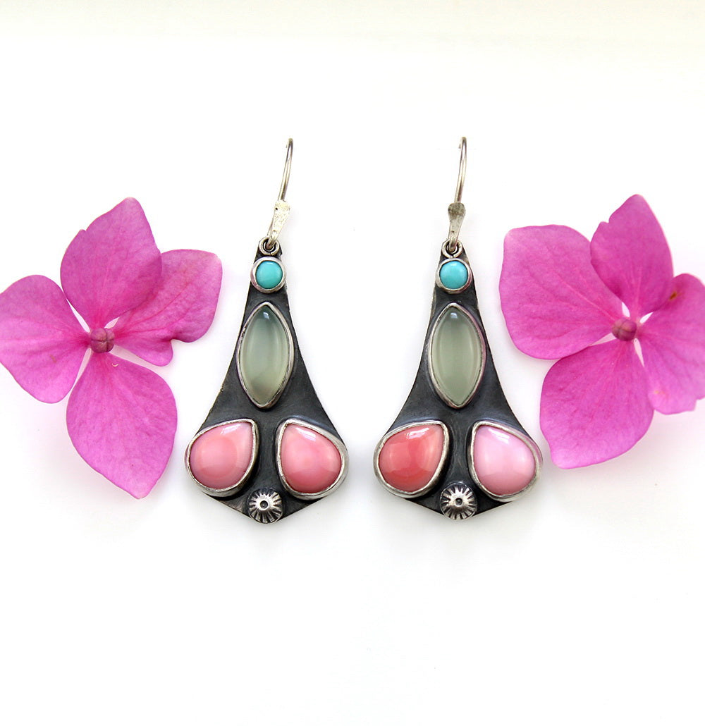 Fairytale - Turquoise, Chalcedony, and Pink Conch Shell Sterling Silver Earrings
