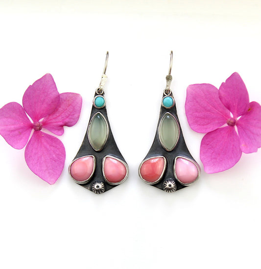 Fairytale - Turquoise, Chalcedony, and Pink Conch Shell Sterling Silver Earrings