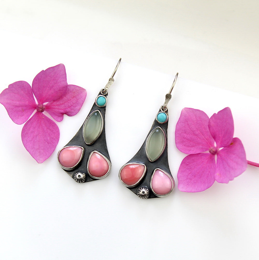Fairytale - Turquoise, Chalcedony, and Pink Conch Shell Sterling Silver Earrings
