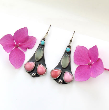 Fairytale - Turquoise, Chalcedony, and Pink Conch Shell Sterling Silver Earrings