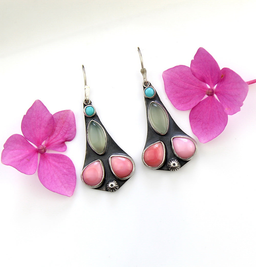 Fairytale - Turquoise, Chalcedony, and Pink Conch Shell Sterling Silver Earrings