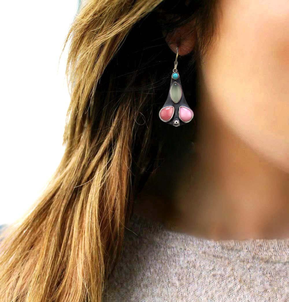 Fairytale - Turquoise, Chalcedony, and Pink Conch Shell Sterling Silver Earrings