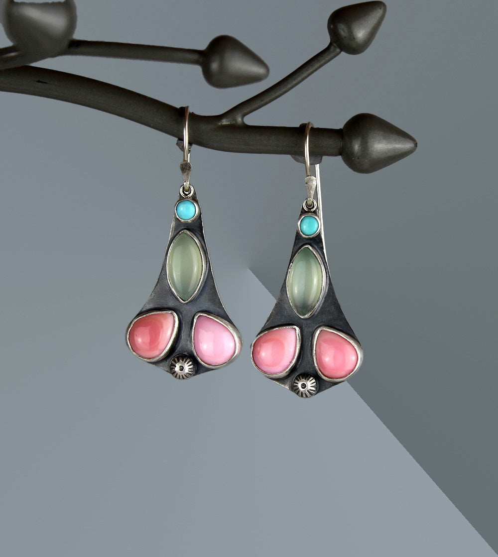 Fairytale - Turquoise, Chalcedony, and Pink Conch Shell Sterling Silver Earrings