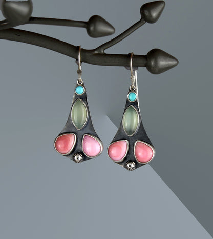 Fairytale - Turquoise, Chalcedony, and Pink Conch Shell Sterling Silver Earrings
