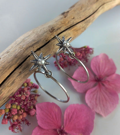 Bliss Among the Stars - Freshwater Pearl Sterling Silver Hoop Earrings