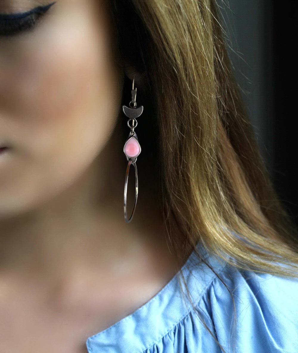 After Sunset - Pink Conch Shell Sterling Silver Hoop Earrings