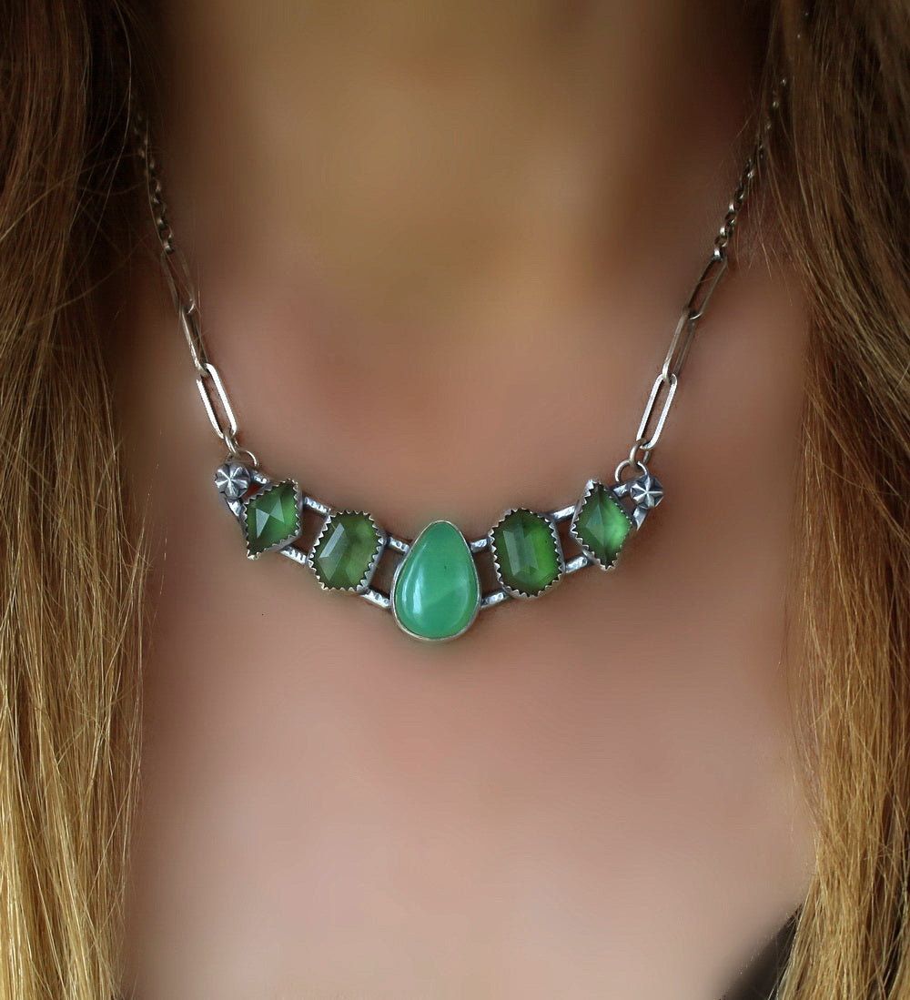 The Heart of Nature - Chrysoprase and Serpentine Sterling Silver Necklace