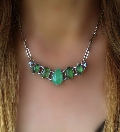 The Heart of Nature - Chrysoprase and Serpentine Sterling Silver Necklace